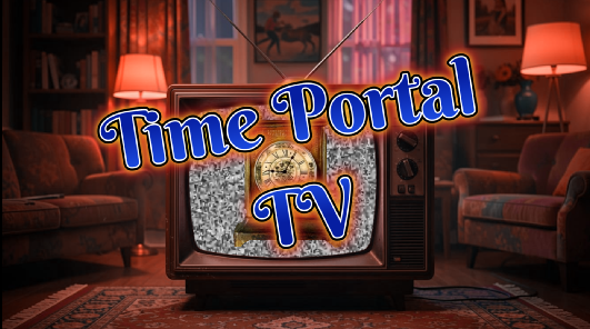Time Portal TV logo: a vintage console television with rabbit-ear antennas, screen full of static with a clock face glowing through it, in a warmly lit living room